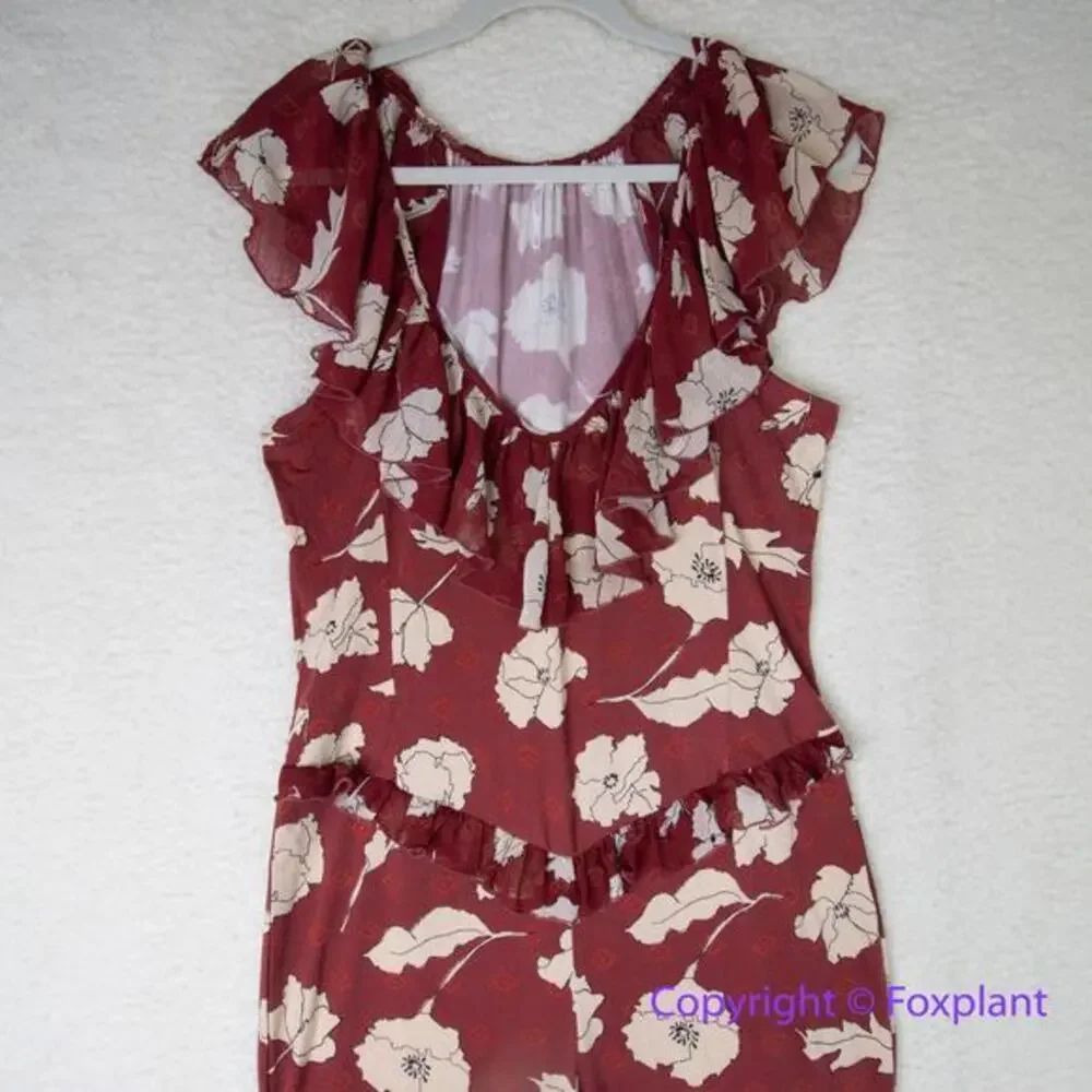 New! Free People AUSTYN brick red floral flaired‎ pant ruffle jumpsuit, size M
